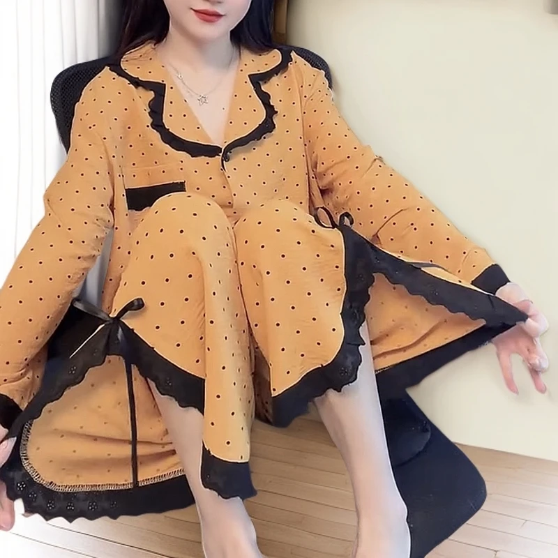 甜美风波点蕾丝花边睡衣女春秋季长袖家居服套装