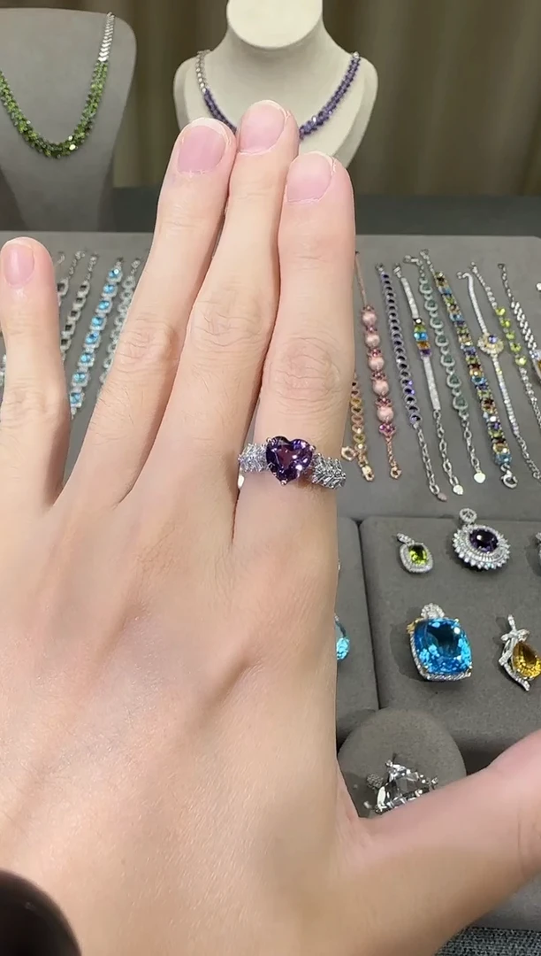 银S925镶嵌戒指紫晶10mm戒指海洋之心设计款