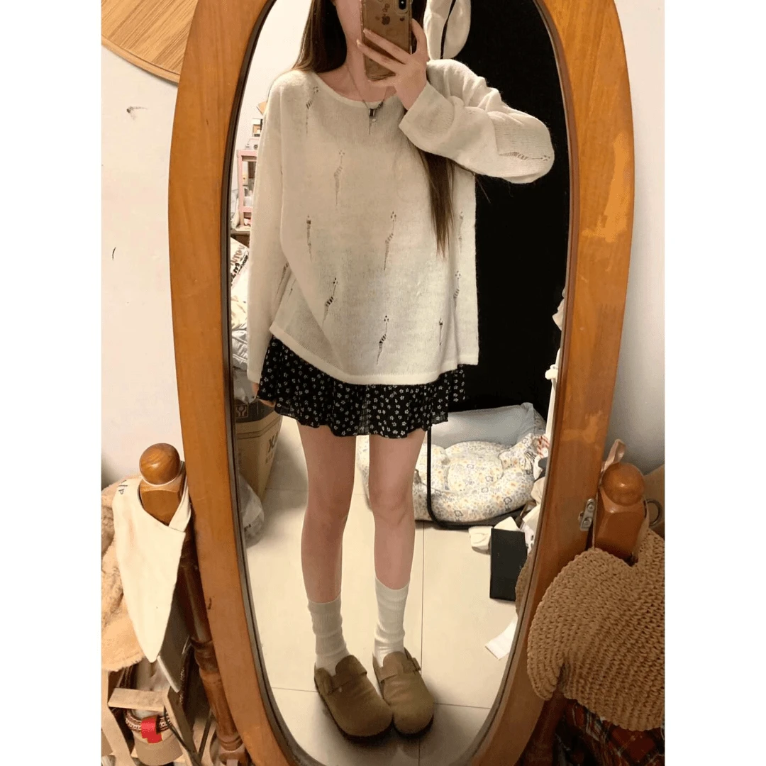 2025春夏新款纯欲风时尚设计感宽松中长款马海毛薄款开衩针织衫女