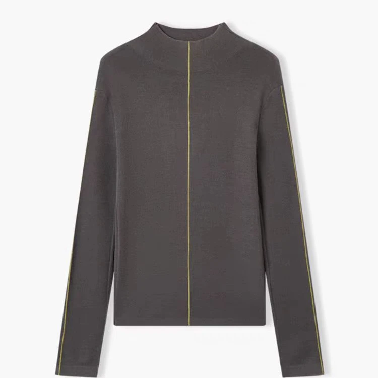 2024源头工厂设计师时尚款简约大象灰黄条精纺羊毛中领衫YFW034