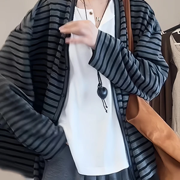 慵懒风撞色条纹气质宽松长袖外套女秋季大码胖MM休闲百搭显瘦上衣