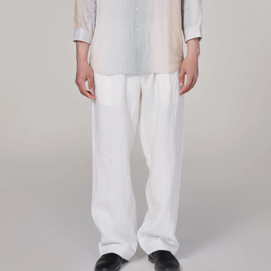 CIHANGBUYI/慈航布衣休闲直筒裤白色亚麻上腰系皮带款夏季裤子