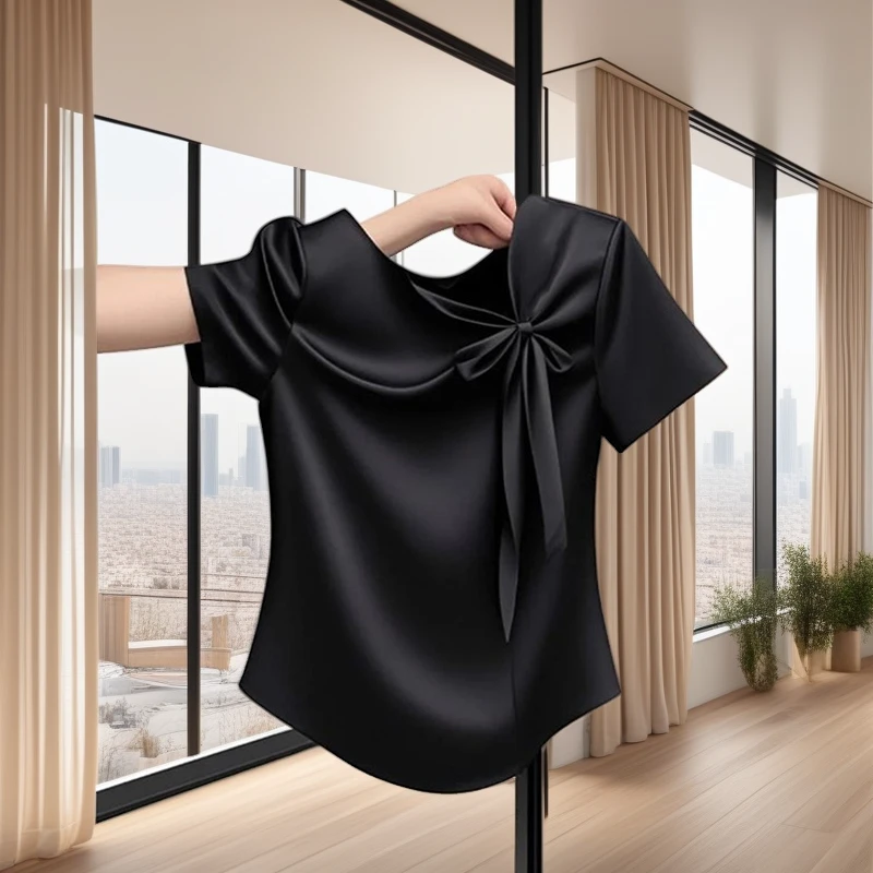 新款夏季修身显瘦纯色短袖上衣女设计感休闲百搭蝴蝶结T恤女飘带