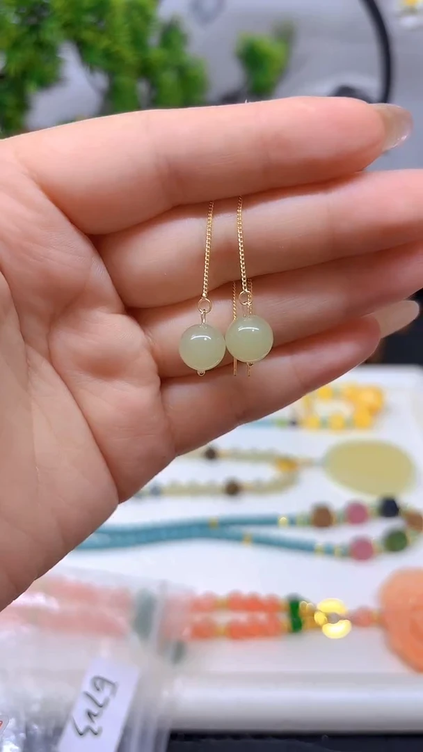 和田玉银S925镀金镶嵌耳饰E723