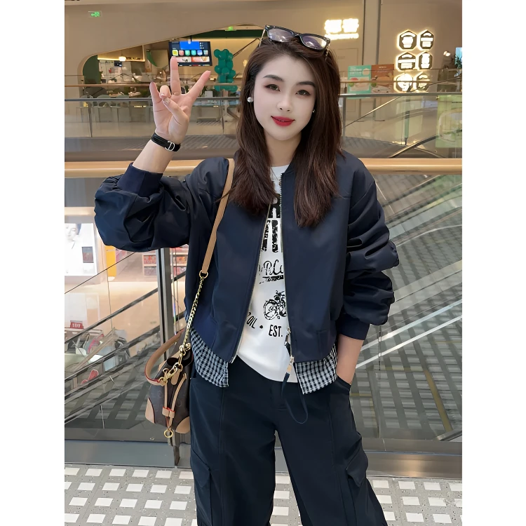 赵美美【假两件格纹拼接】棒球服秋季韩版设计感显瘦百搭短外套女