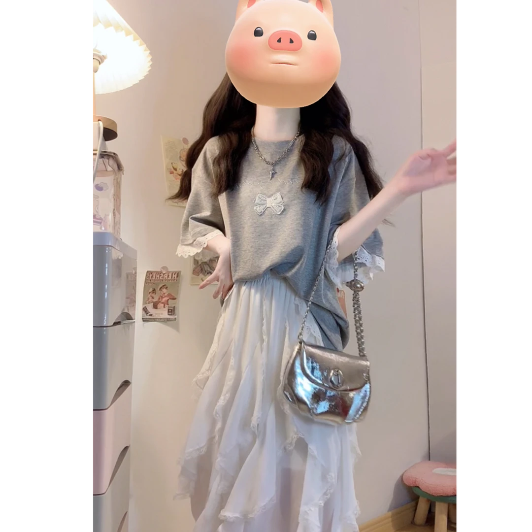 韩系圆领蕾丝拼接灰色T恤女夏季独特A字不规则蛋糕半身裙两件套装