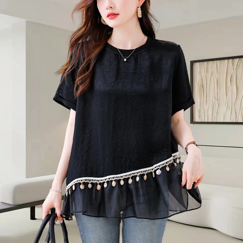 圆领亮片拼接短袖t恤女士夏季2025新款时尚宽松显瘦休闲百搭上衣