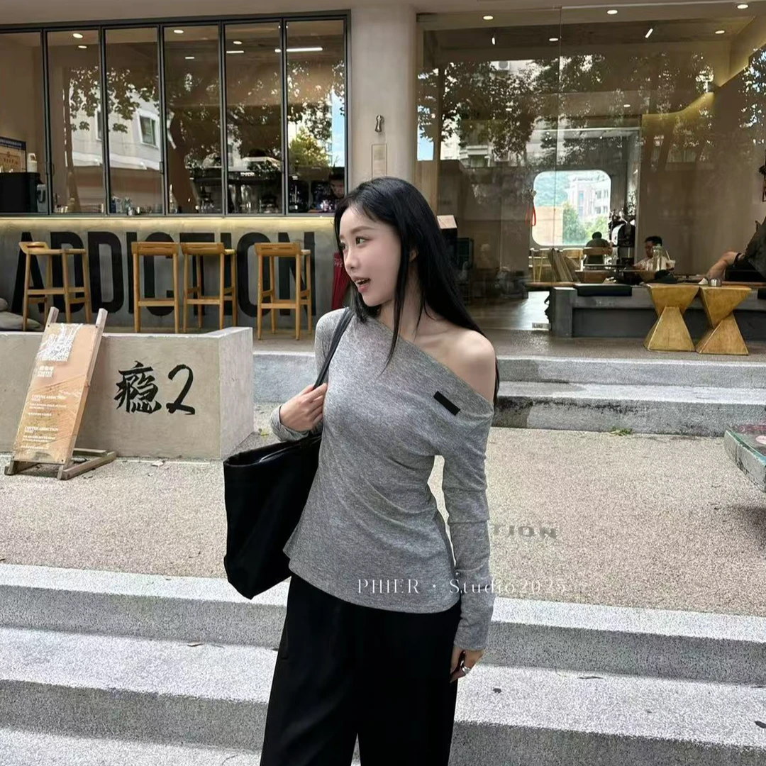 【PL】M字斜肩减龄打底长袖T恤