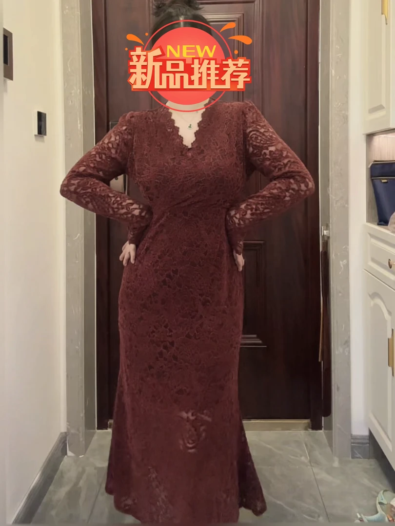 杨六六【几缕清葭】显瘦气质长袖性感复古红色修身长款收腰