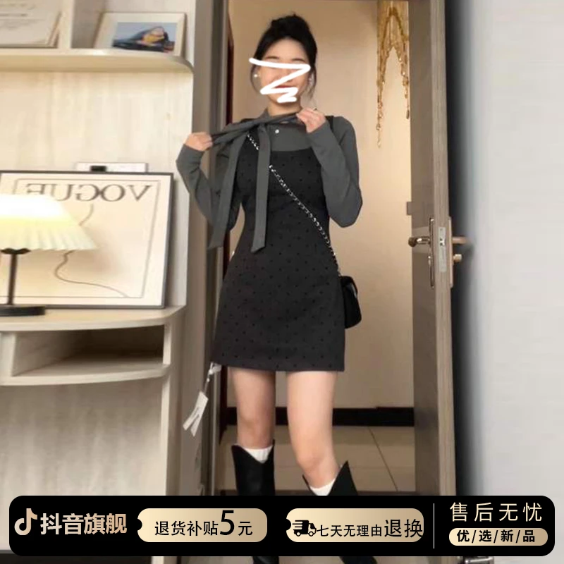 2025新款高级感miu系穿搭连衣裙子女秋冬季针织内搭灰色套装短裙