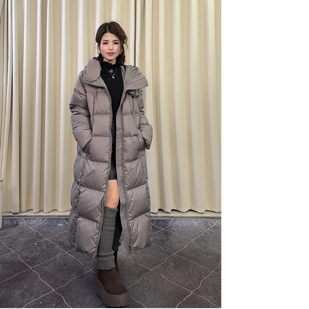 秋冬中长款90白鸭绒羽绒服保暖宽松连帽双开拉链款