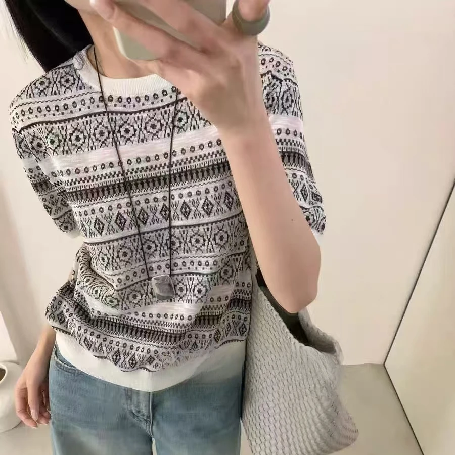 夏季透气竹节麻短袖女复古圆领提花薄款半袖宽松时尚套头T恤Y1853