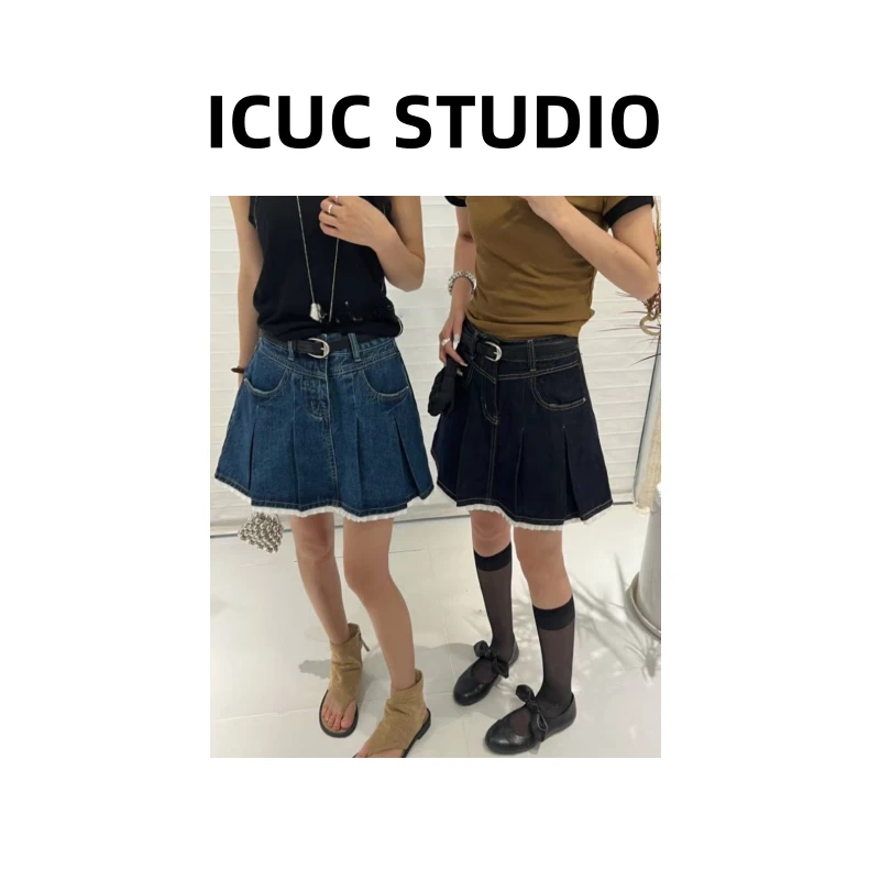 ICUC STUDIO-【韩系拼接撞色百褶短裙】复古高腰计牛仔裙0809