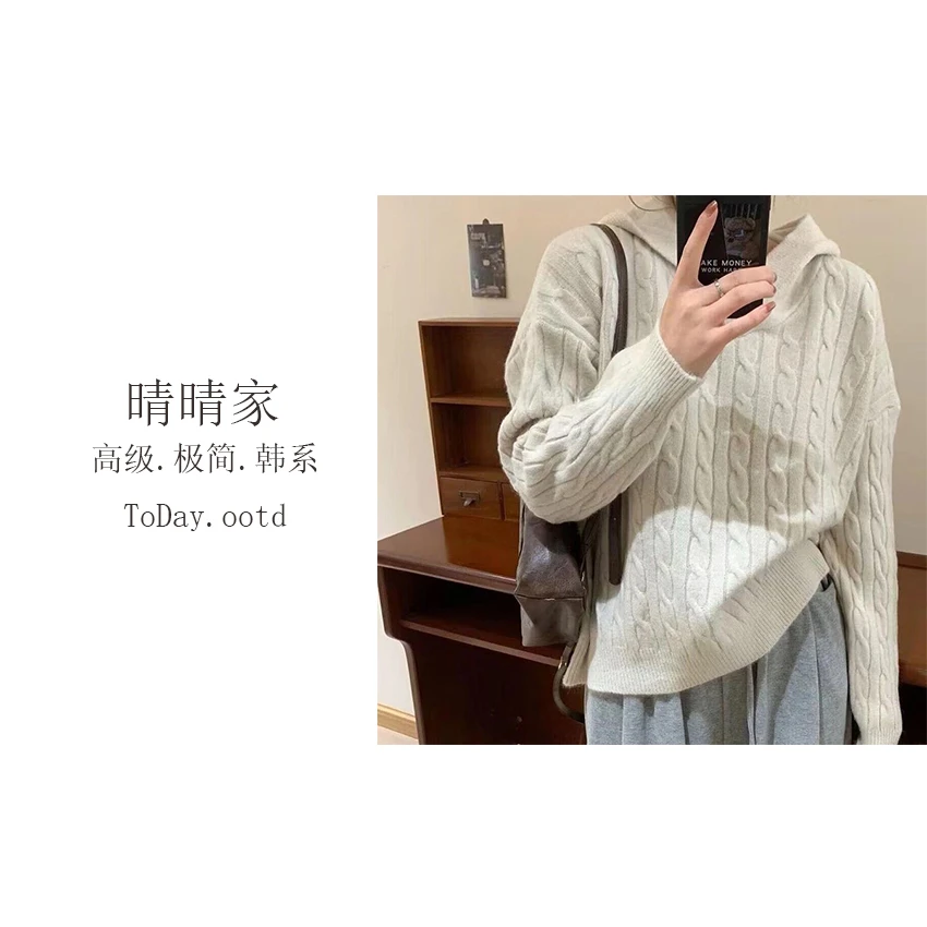 晴晴家-【减龄百搭】秋季韩系时尚休闲针织连帽毛衣3608