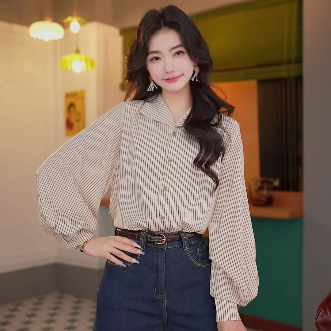 丁佳欣【城市日记】条纹衬衫女长袖休闲25春季新款上衣JN1203148