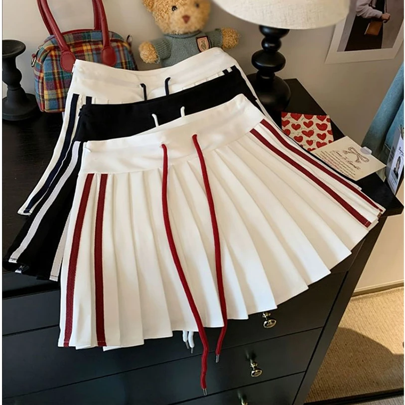 【现货】美式学院风半身裙2025夏季新款条纹抽绳运动辣妹百褶短裙女