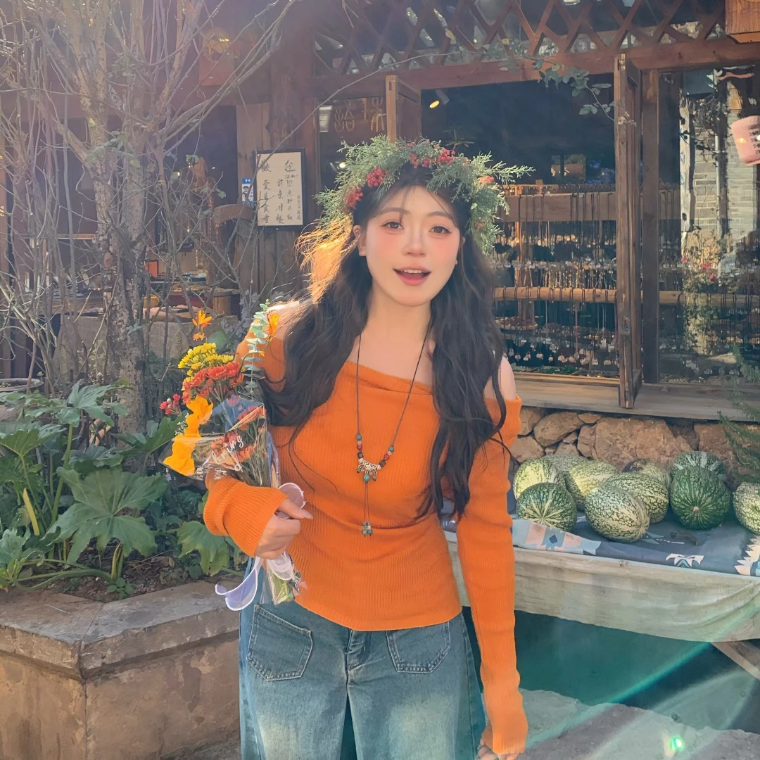 橙小九【甜橘梦】微胖春夏显瘦修身高弹针织一字肩上衣