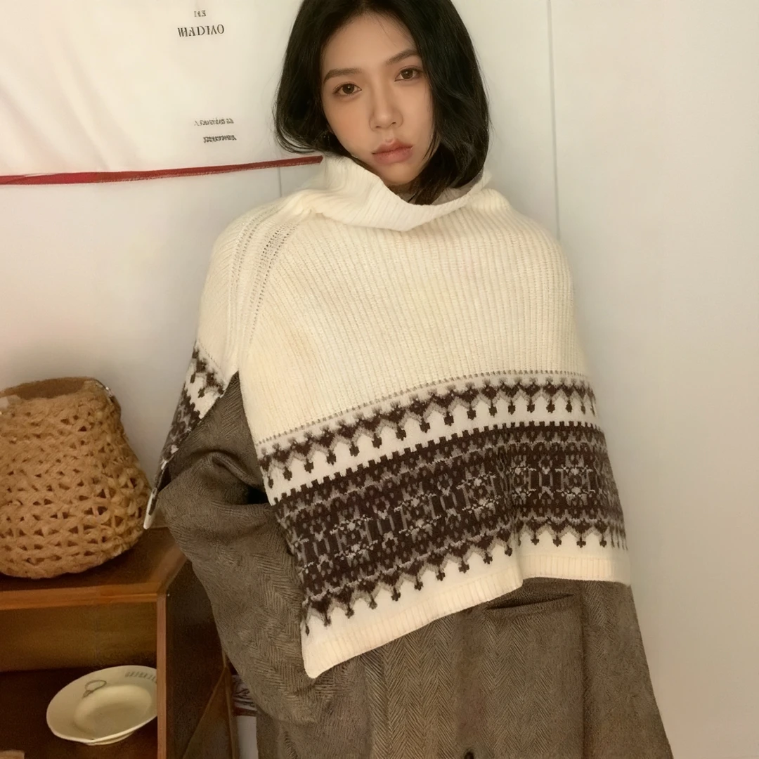 费尔岛风复古提花双面针织披肩斗篷女秋冬高级感叠穿保暖高领围脖