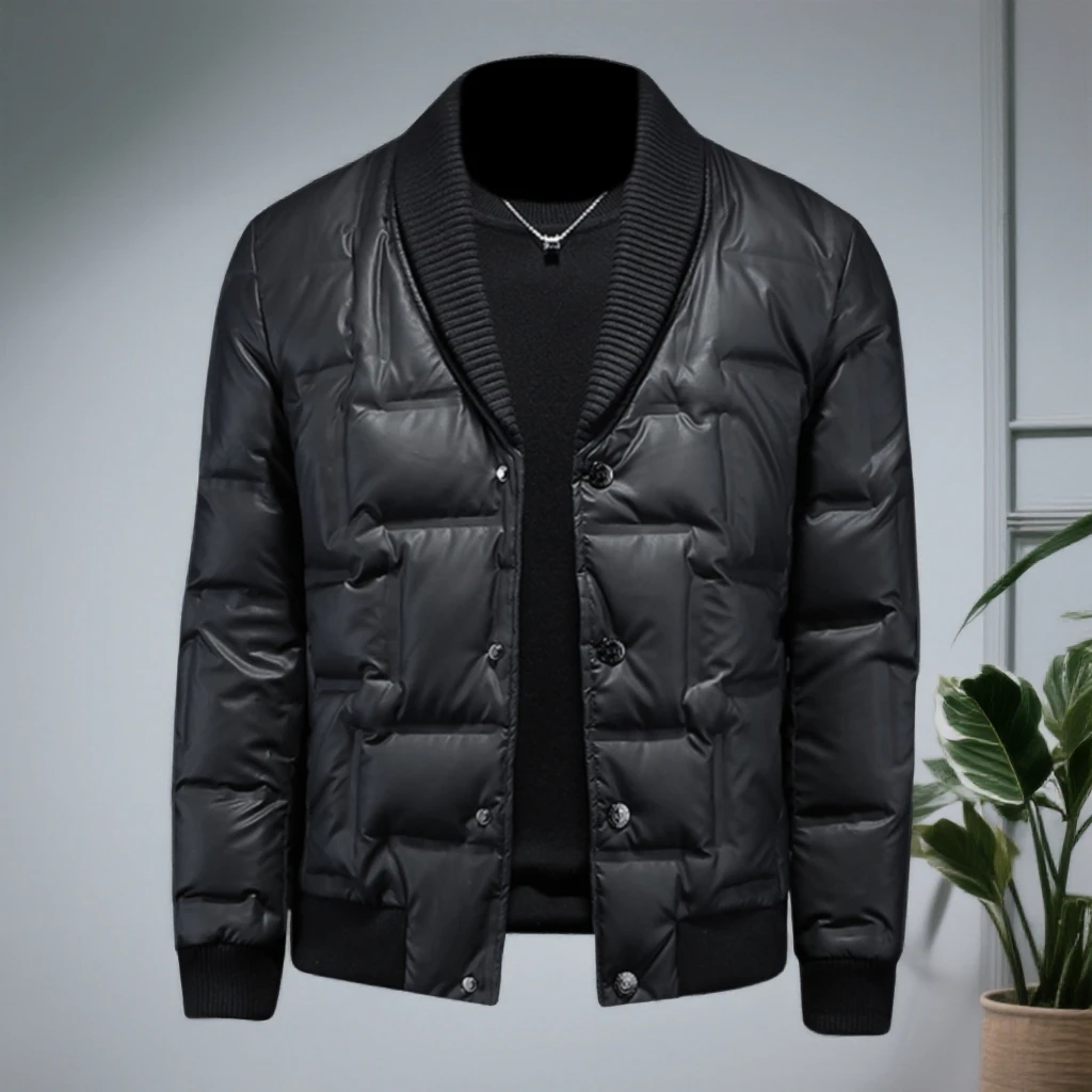 巴赛娜缇亮面羽绒服男装冬季新款休闲高档白鸭绒针织领大码外套潮