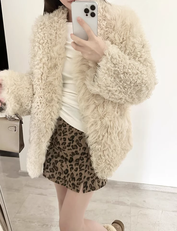 6446小V领进口托斯卡纳皮毛一体外套女中长款
