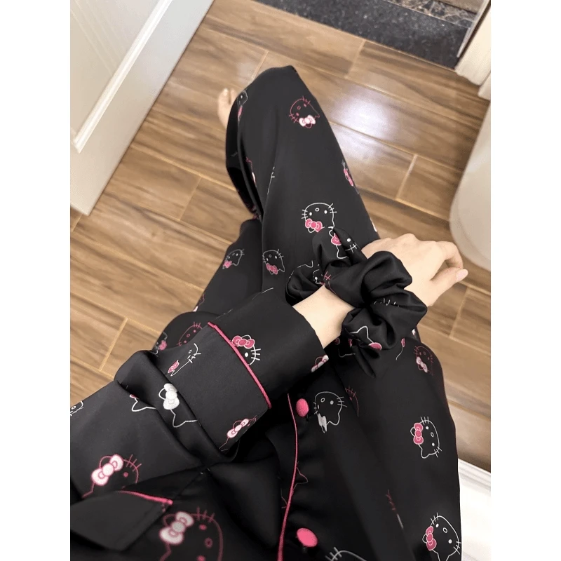 【kitty猫】可爱卡通冰丝睡衣女春秋季新款长袖薄款家居服两件夏季