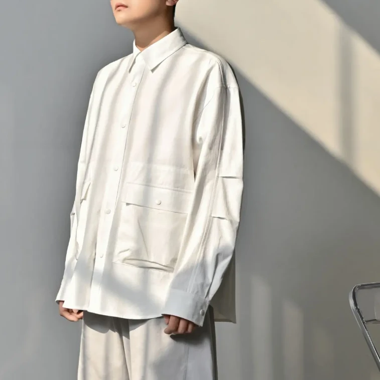 拼接落肩袖秋季纯色长袖衬衫韩版日系男士外套潮流241055