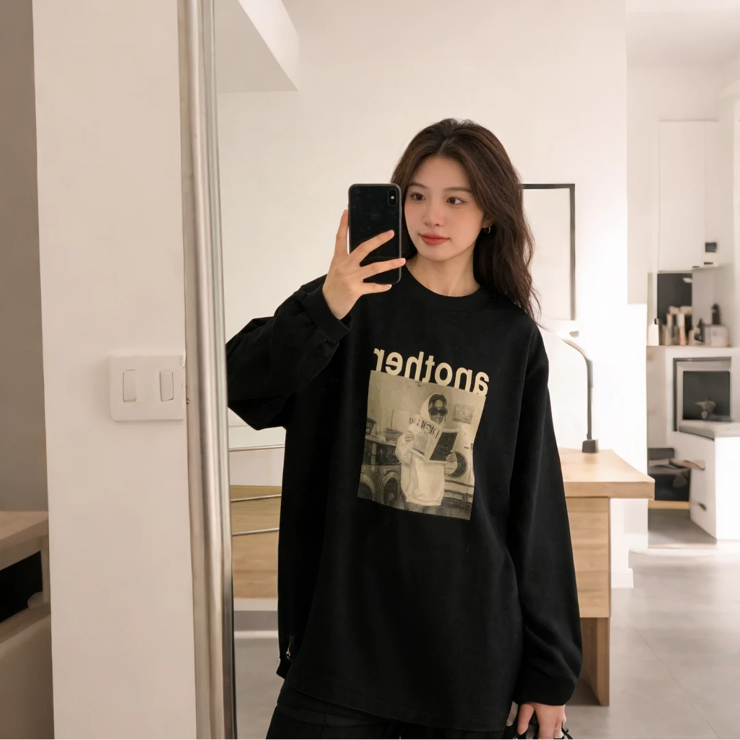 【欧美女孩】T恤字母印花纯色欧美风中长款常规款圆领长袖女磨毛