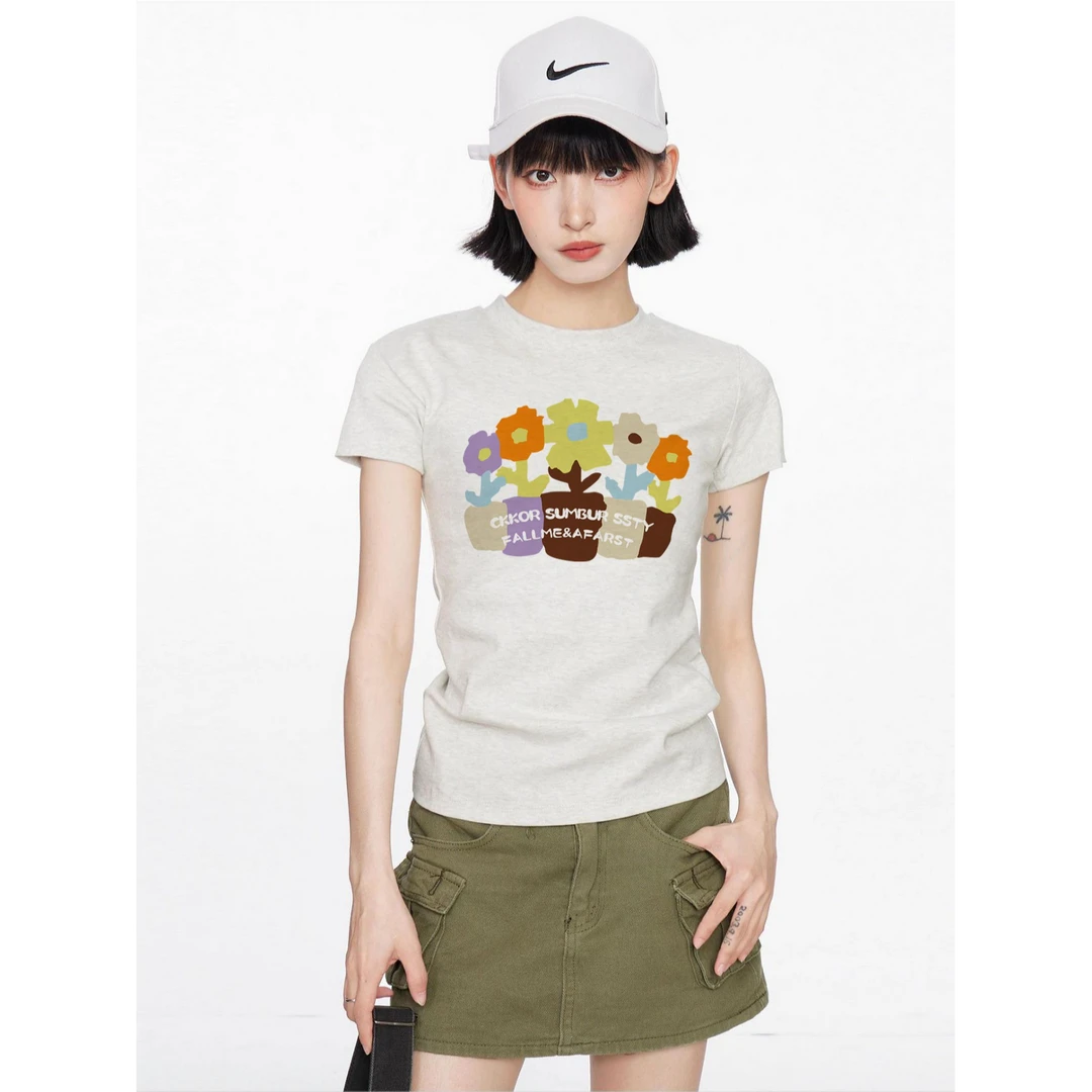 夏季新款爆款圆领正肩短袖女t恤修身显瘦美式辣妹潮牌上衣服百搭