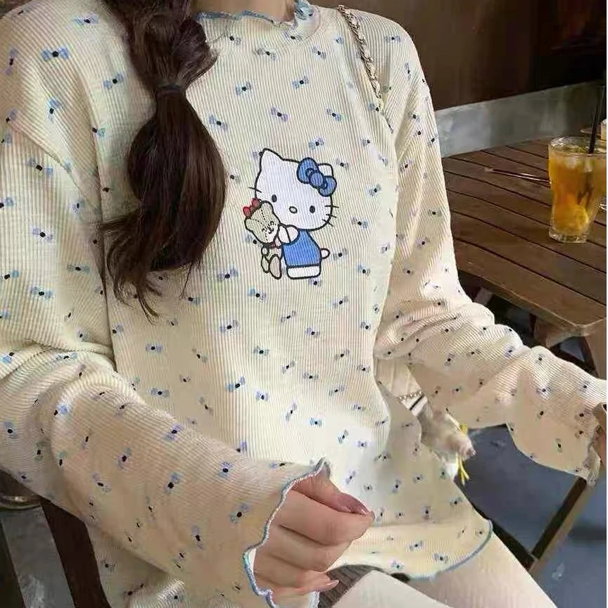 【青苍现货】【1102】大码甜妹胖mm蝴蝶结KT印花杏色休闲百搭打底上衣