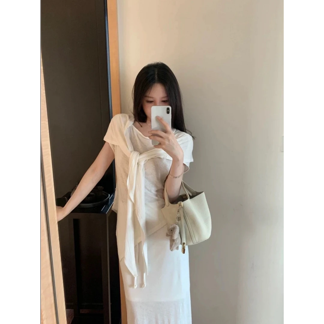 【三件套59】 韩系松弛感不规则套装女春短袖T恤半身裙披肩三件套