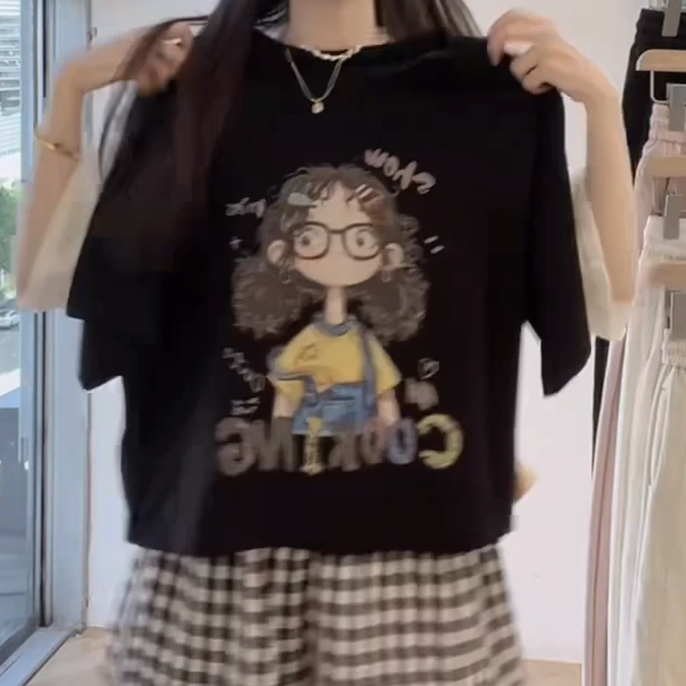 太好穿了~2025新款短宽松雪花棉卡通图案休闲韩版短袖