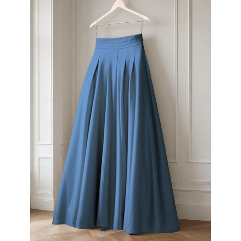 巨喜欢这件！法式气质显瘦中长款百褶裙子女夏季高腰a字蓝色半身裙