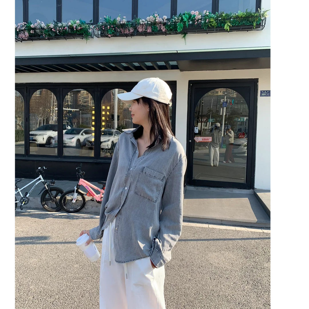 韩国贝果【复古水洗牛仔衬衣】宽松显瘦时尚百搭翻领牛仔衬衫