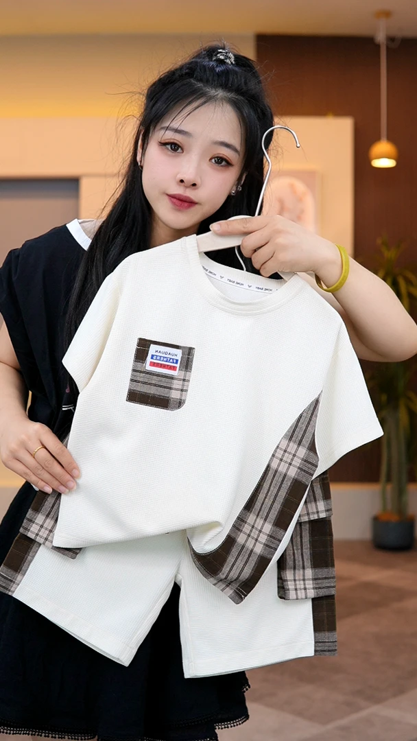 2025夏季新款凉爽透气男童女童时尚运动休闲宽松撞色短袖短裤套装