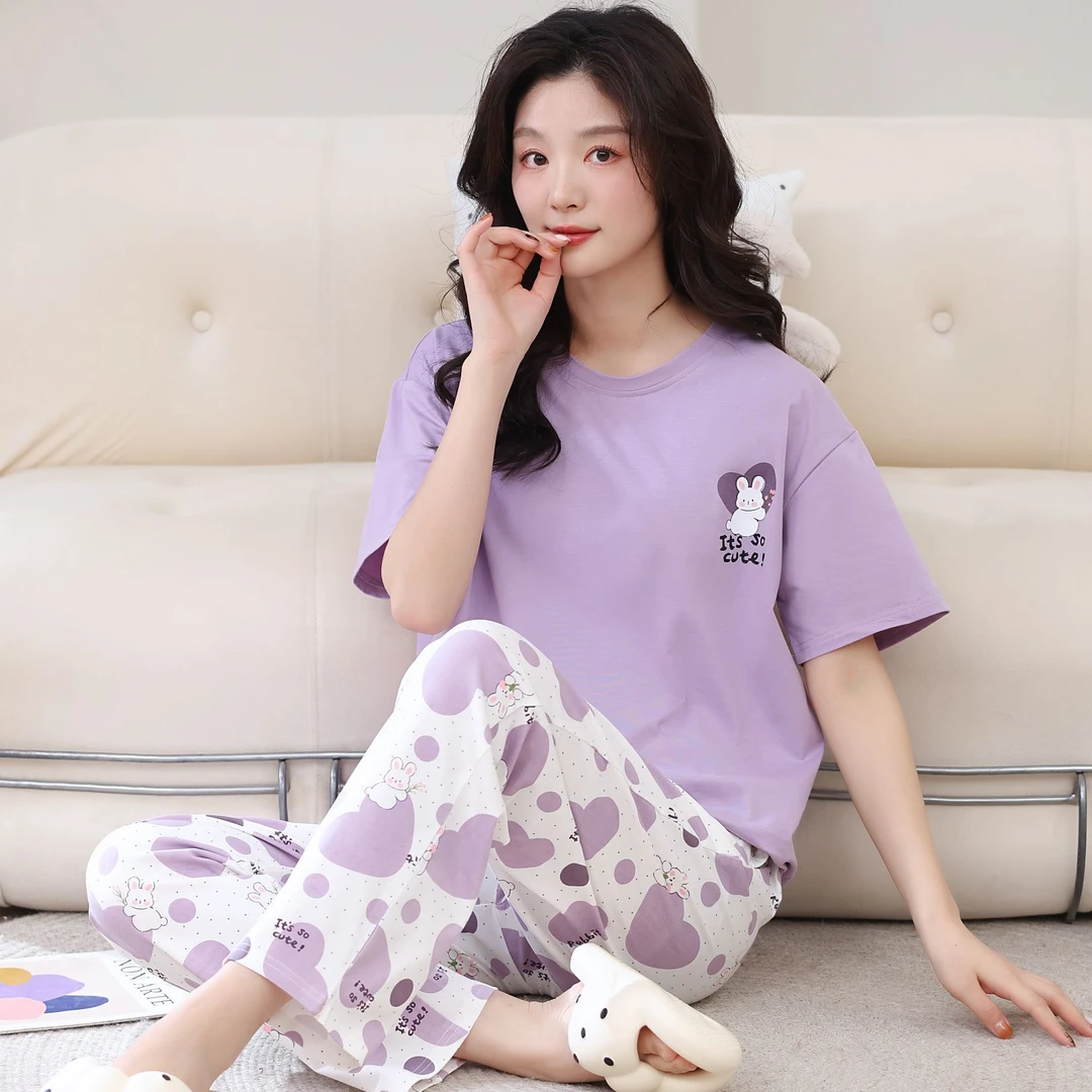 100%全棉短袖长裤25新款睡衣家居服女夏季可外穿时尚简约纯棉舒适