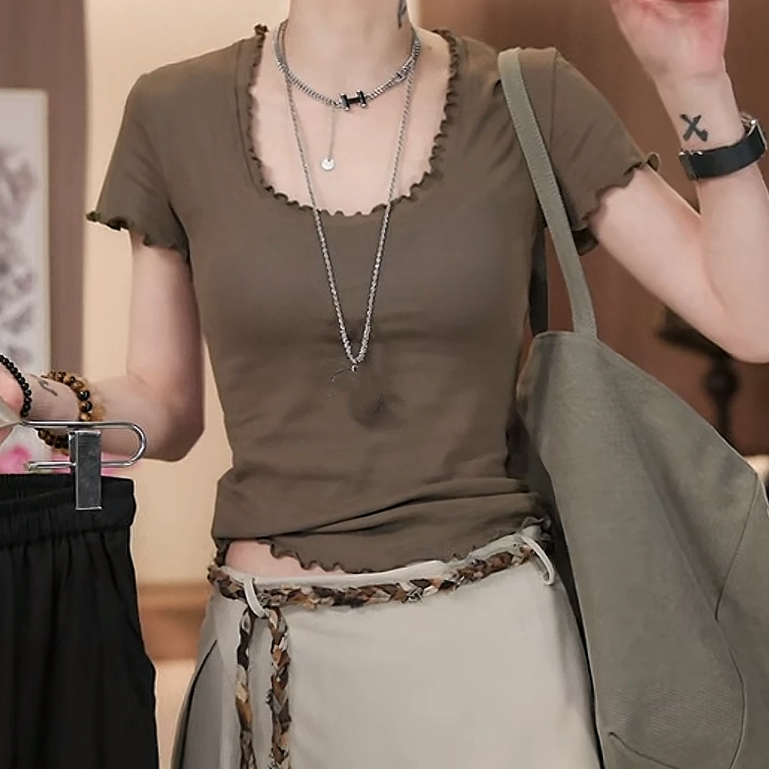 设计感时尚简约纯色百搭短袖T恤女2025夏季新款甜辣修身显瘦上衣