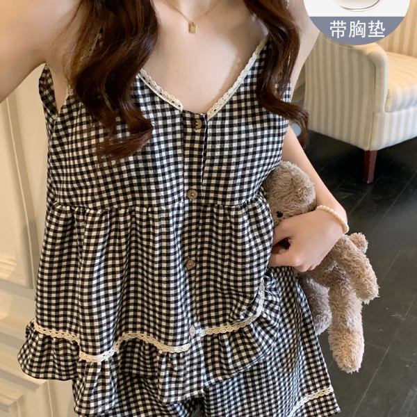 格子花边吊带睡衣女款夏季2025新款性感带胸垫高级感家居服两件套