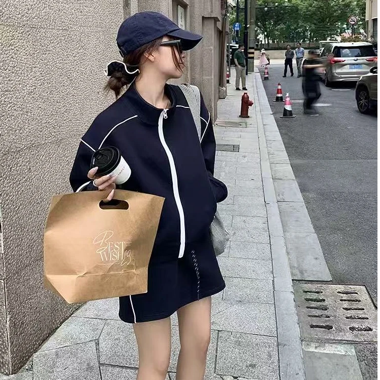 自编660107 韩系减龄撞色线条立领拉链上衣+半身裙套装