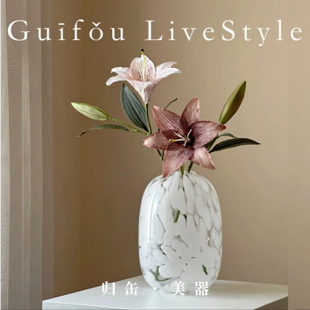 新中式禅意白色玻璃花瓶小瑞雪法式高级感摆件鲜花水养绿