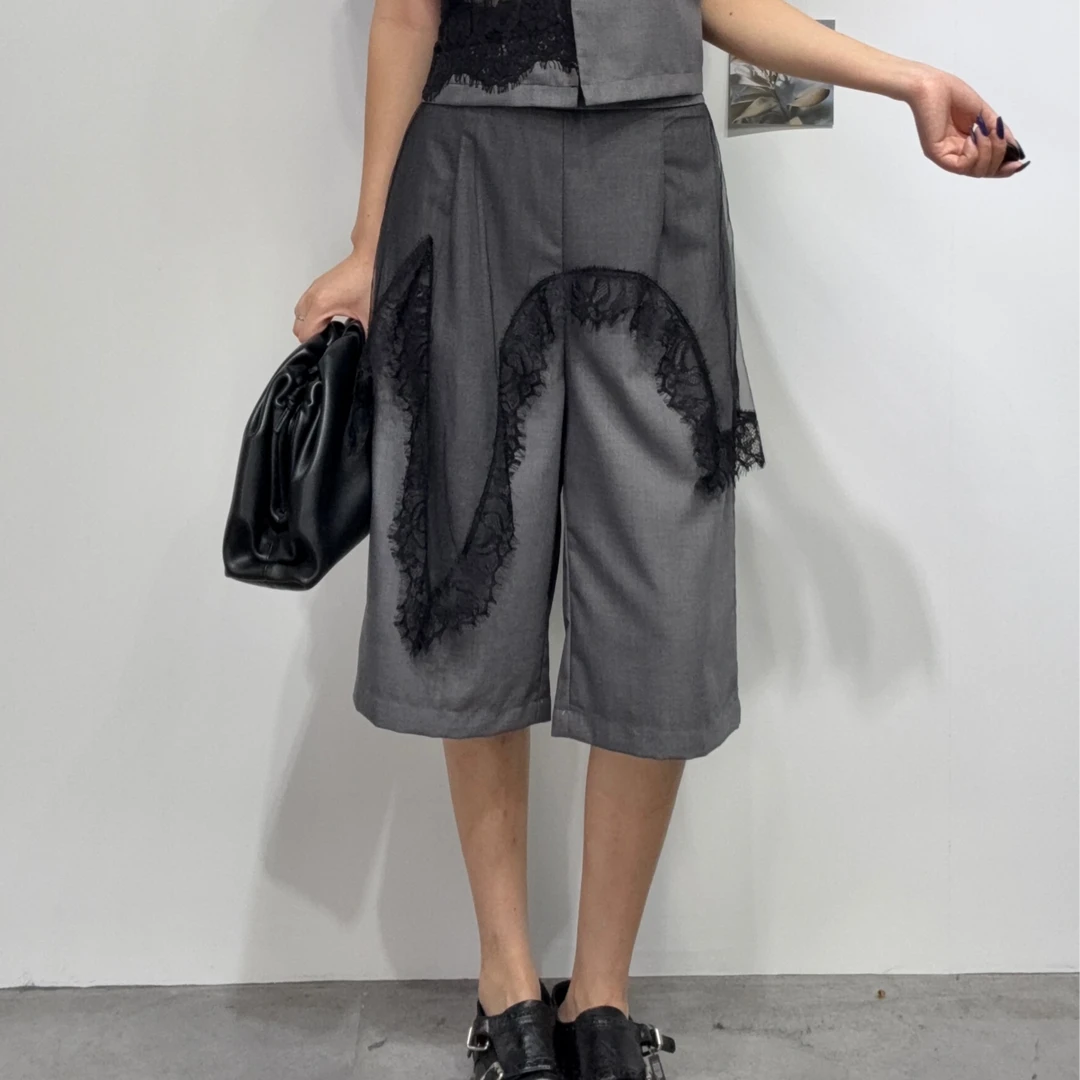 5322#新款不规则蕾丝拼接五分屁帘裤夏季新款宽松洋气阔腿裤子