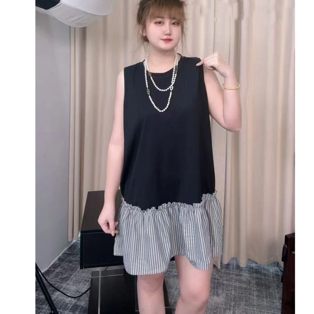 D25516韩版慵懒小众简约百搭拼接荷叶边无袖背心上衣裙子