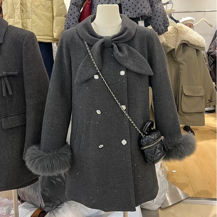 【星光璀璨】冬新款气质甜美千金风蝴蝶结领加厚毛呢大衣外套送毛袖