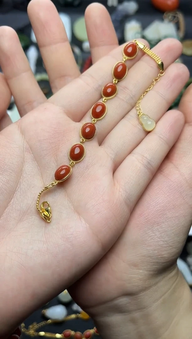 银S925镶嵌手链南红玛瑙蛋面手链06