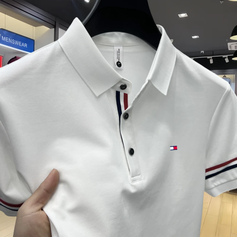 正品Tommy汤米夏季丝光棉短袖t恤翻领TB风色织带潮流半袖Polo衫男