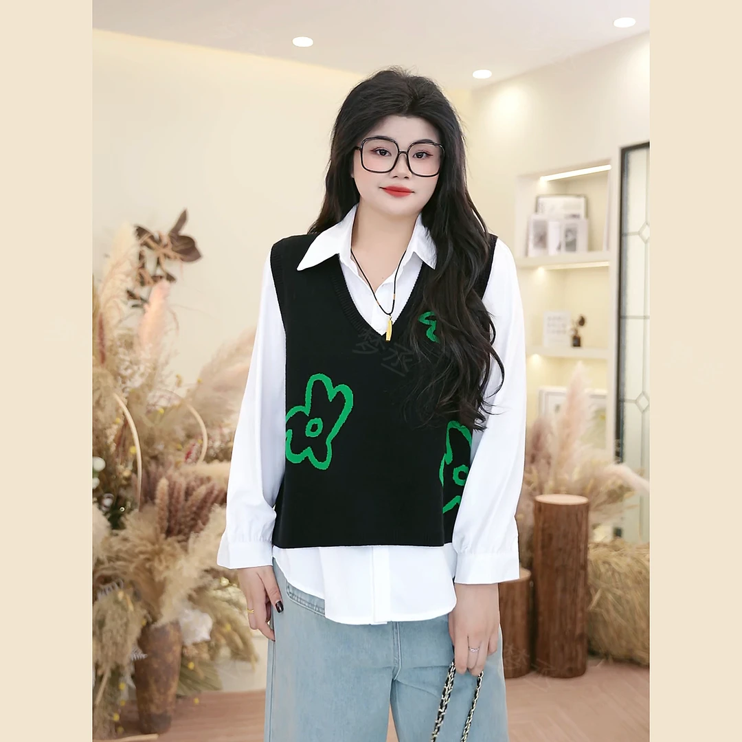 梦丞-早春V领女春季大码马夹免烫通勤风厚款植物花卉团中国码上衣