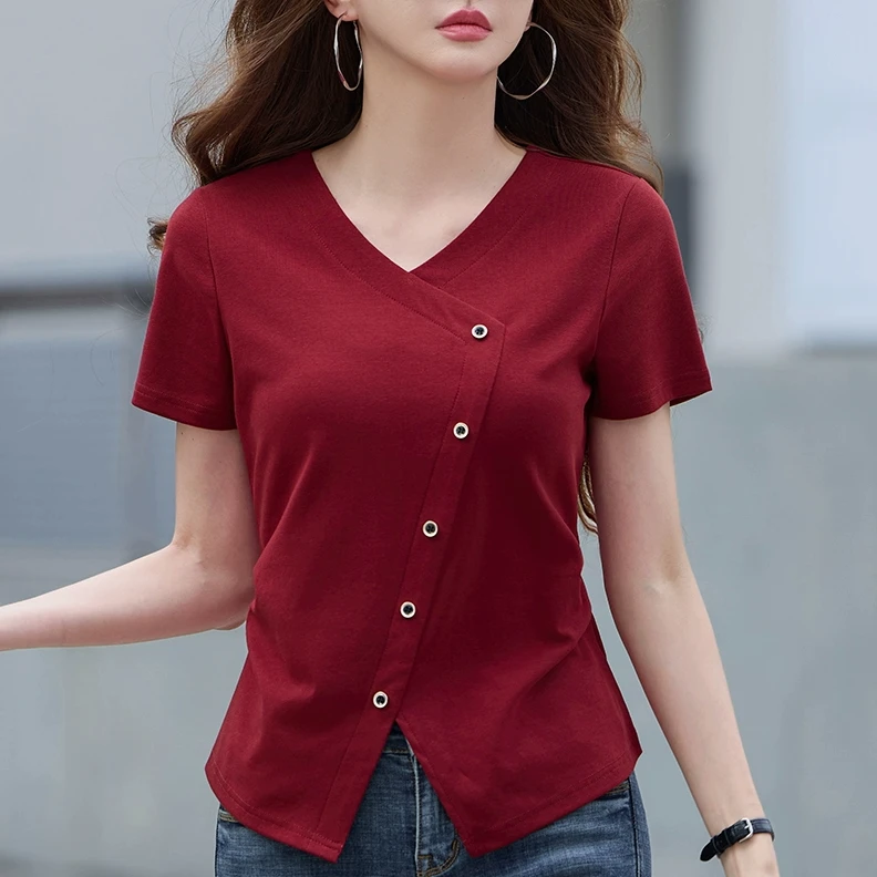 红色v领t恤女短袖纯色打底衫内搭2025新款95棉正肩鸡心领夏季半