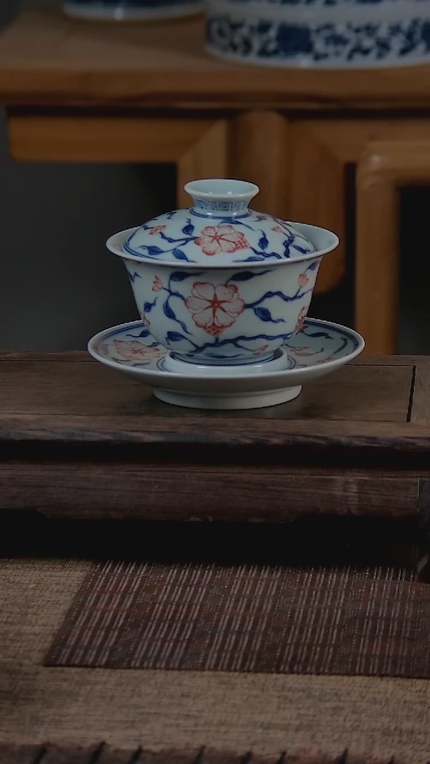 折葵非器手工手绘山茶花三才盖碗