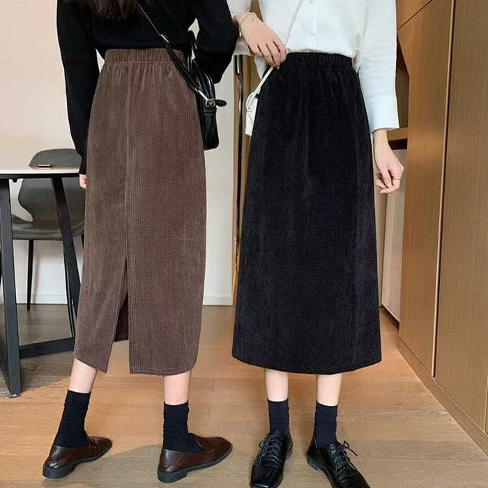 雪尼尔半身裙女春季新款高腰后开叉中长款灯芯绒直筒裙