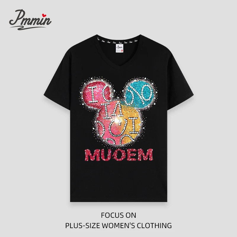 pmmin【彩色米妮】女装大码V领烫钻短袖T恤 夏季烫钻