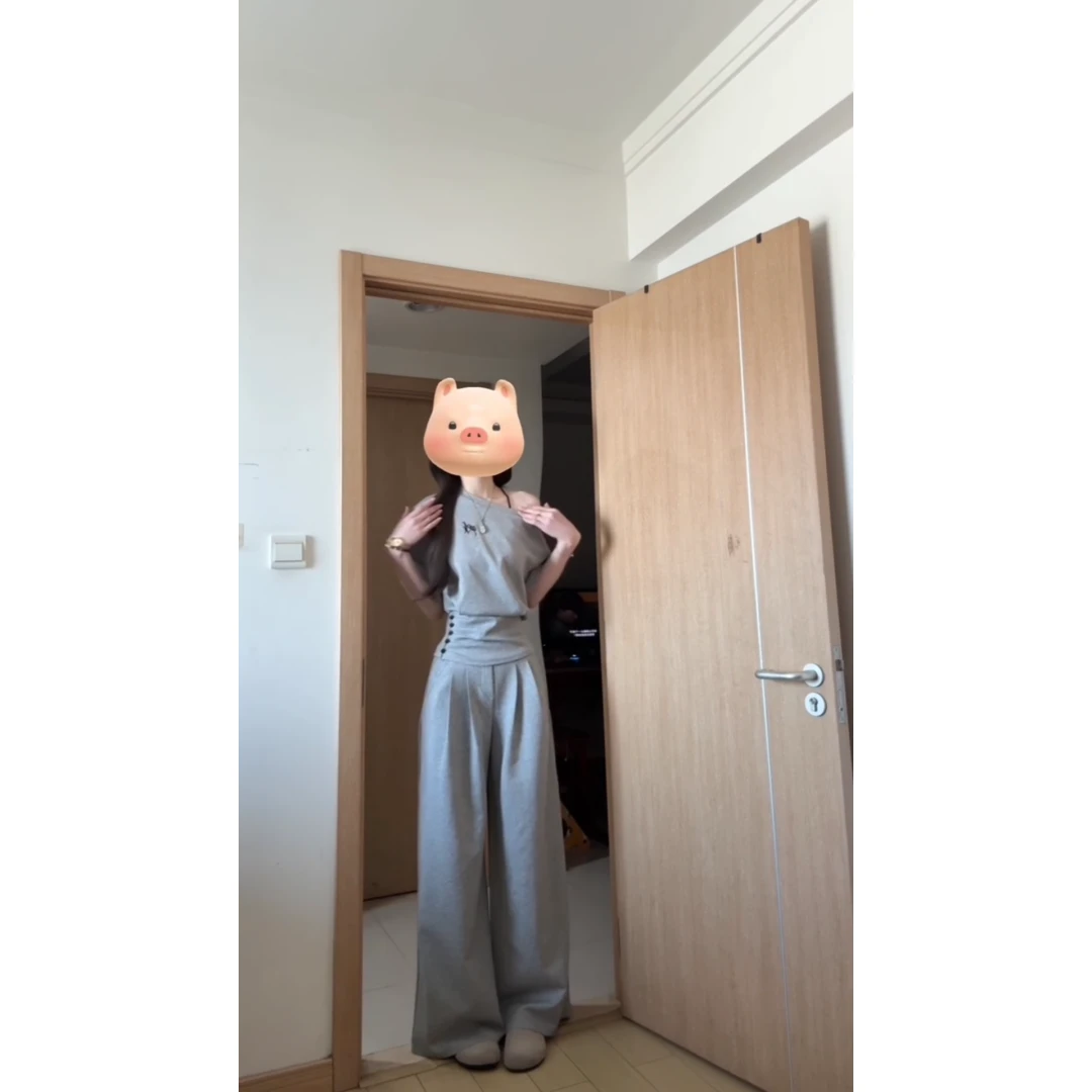 INS CEC韩版时尚运动上衣裤子套装女宽松显瘦斜肩卫衣松弛感两件